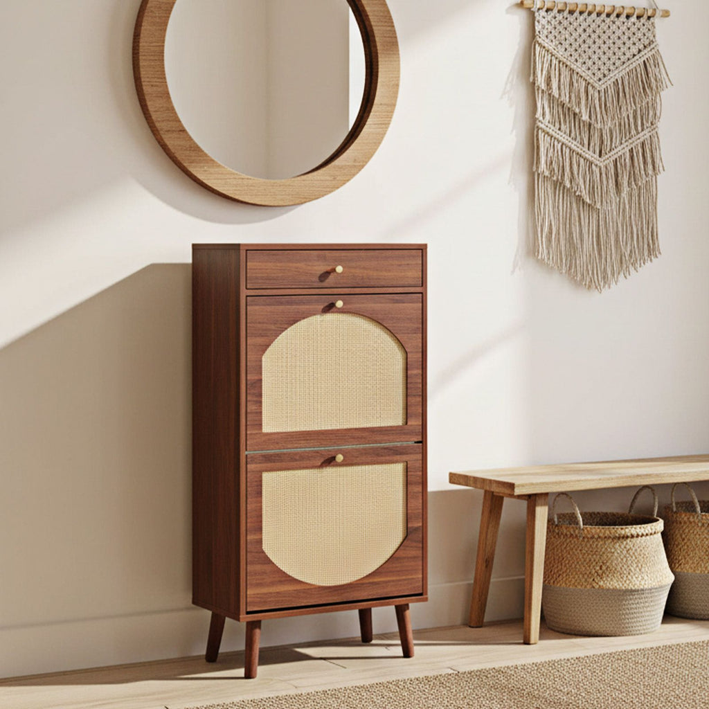 Rattan shoe cabinet with 1 drawer and 2 flip-top drawers, made of particleboard, 54*24*110cm, brown