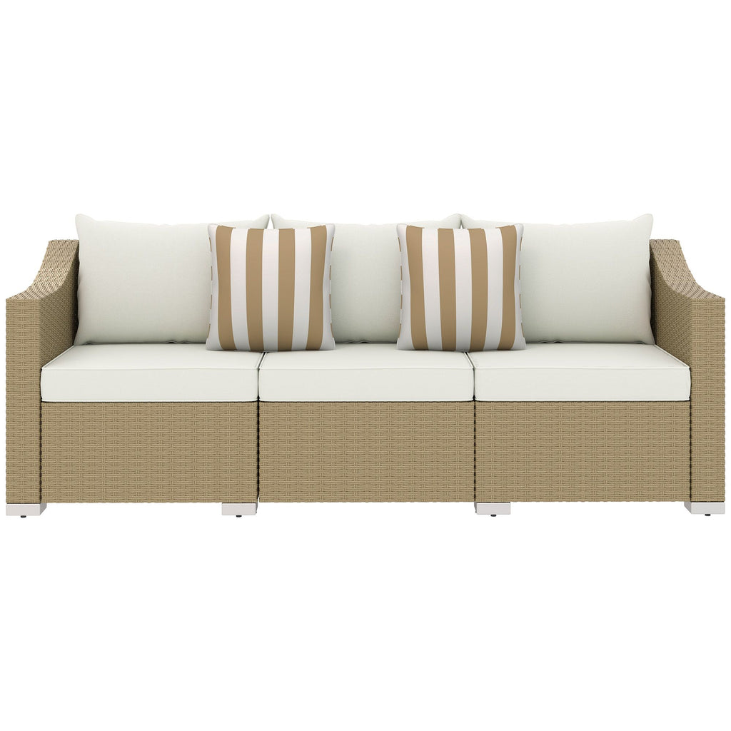 Rattan Wicker 3 Seater Patio Couch with Cushions, 2 Throw Pillows, Outdoor Furniture Rattan Sofa, Cream White