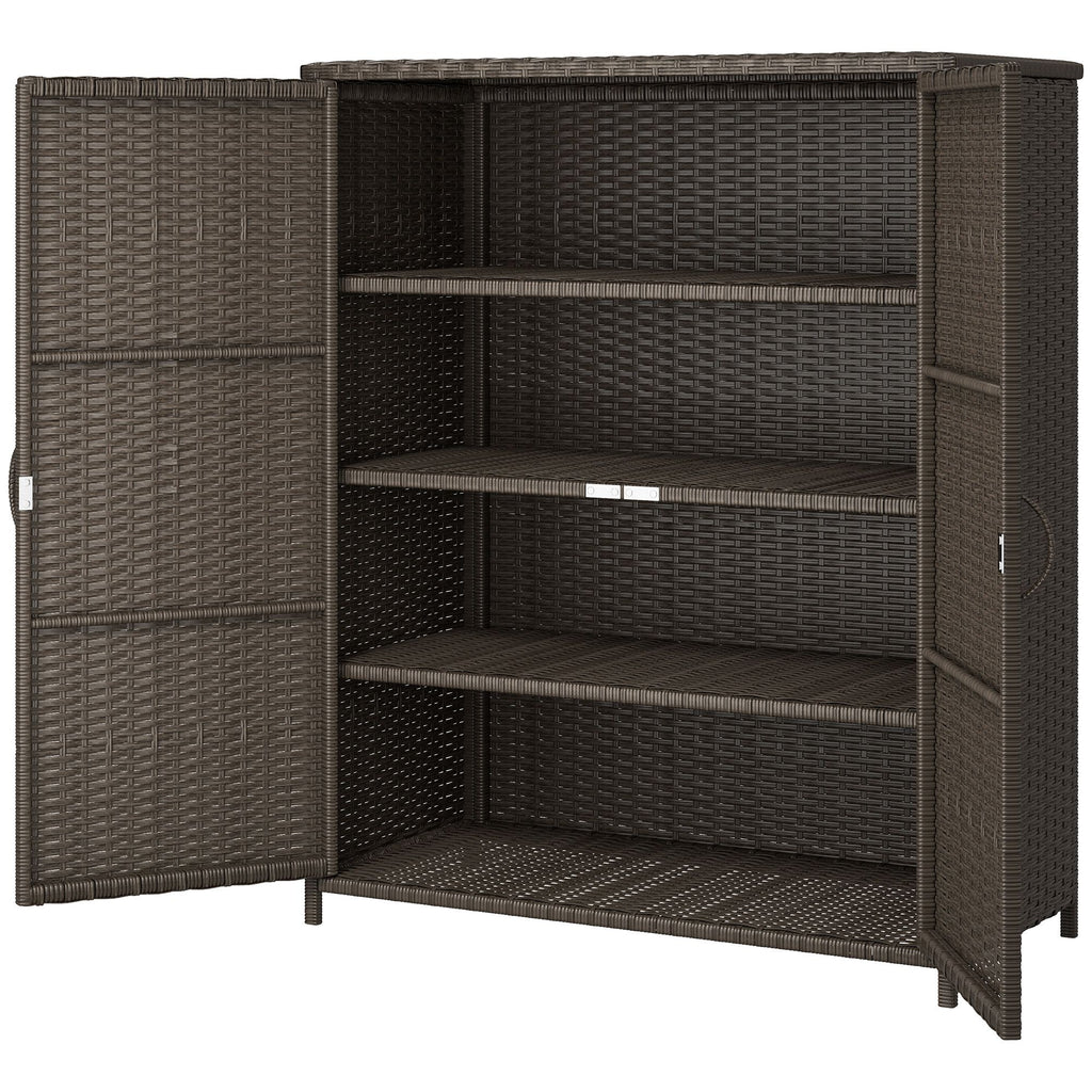 Rattan Wicker Outdoor Storage Cabinet with 4 Shelves and 2 Doors for Garden Pool Towel Storage, Coffee