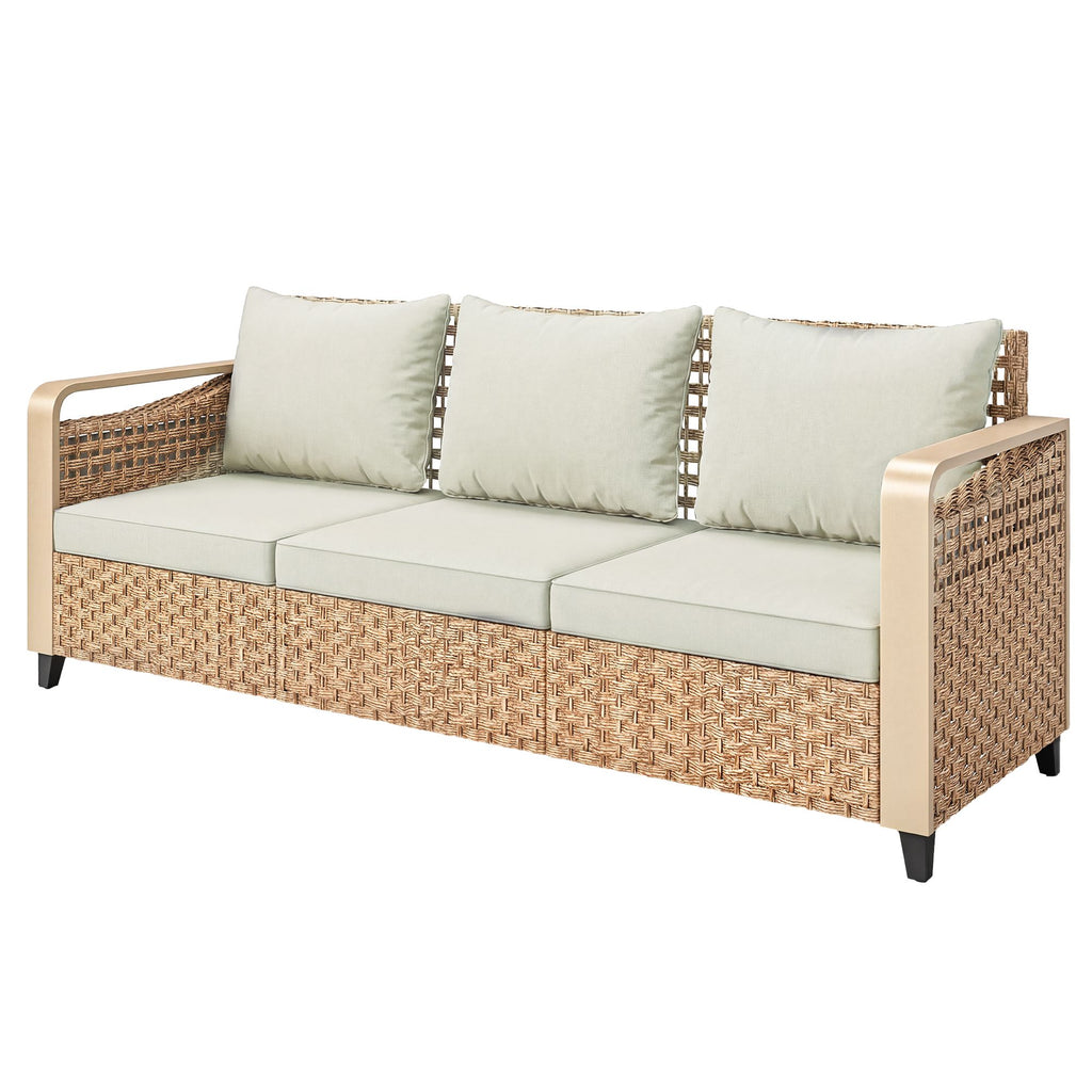 Rattan Wicker Sofa 3-Seater Outdoor Patio Sofa with Cushions for Garden Backyard Porch Beige