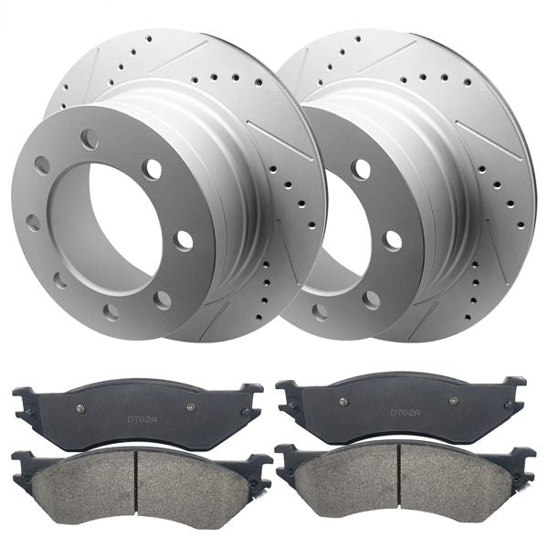 REAR Drilled Disc Brake Rotor Ceramic Brake Pad for Dodge Ram 2500 3500 8-Lug