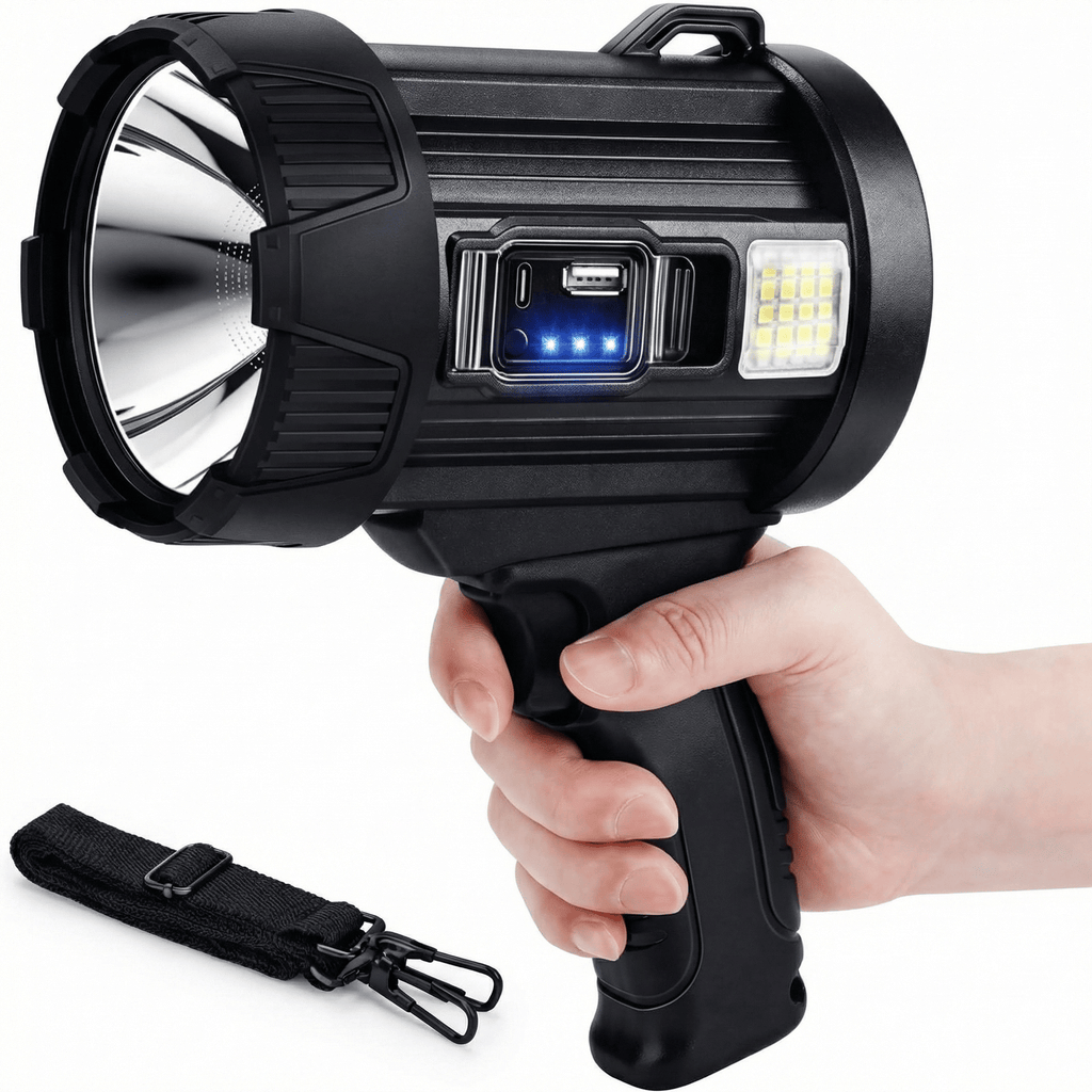 "Rechargeable Spotlight, Super Bright Spotlight Flashlight, Long Running Spot Light Searchlight, Outdoor Handheld LED Flashlight High Lumens with Solar Panels for Hunting Camping Boat "