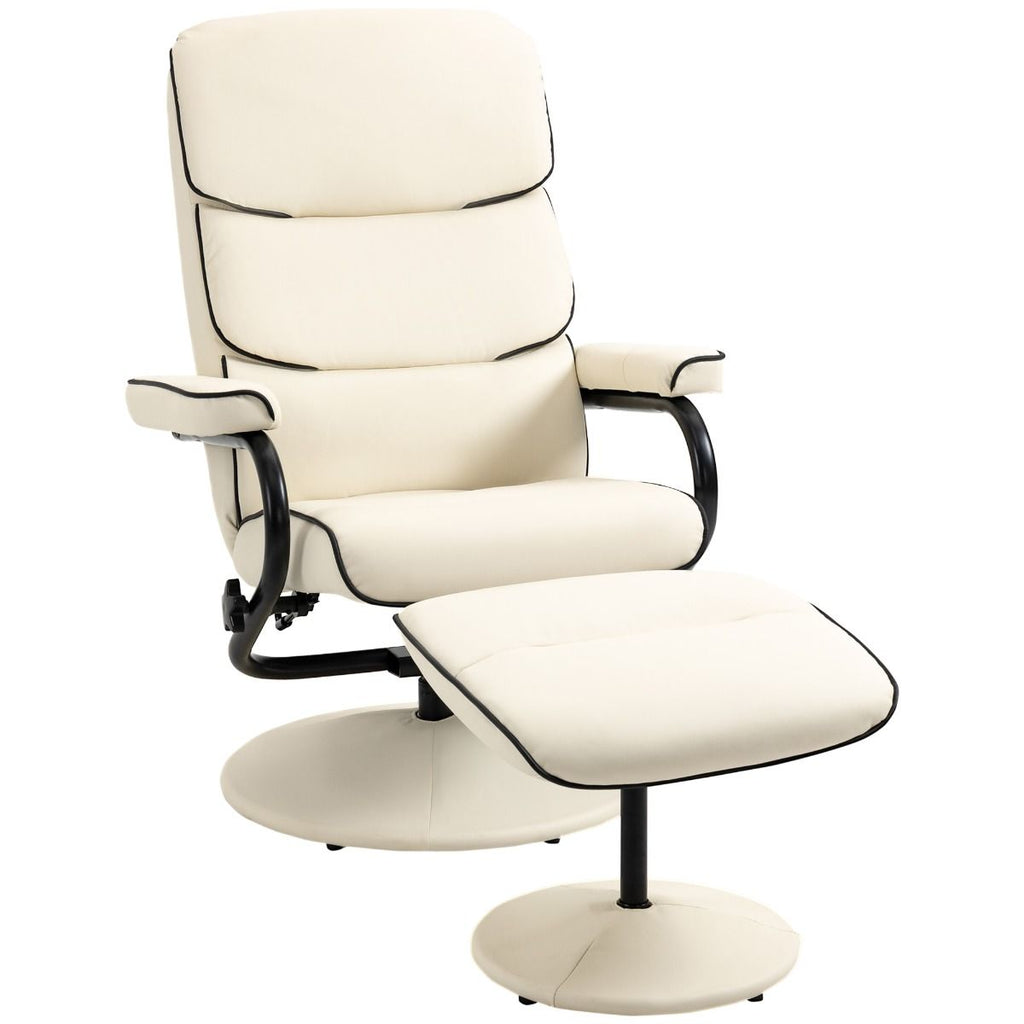 Recliner Chair with Ottoman Cream White Swivel PU Leather High Back Armchair Thick Foam, Cream White