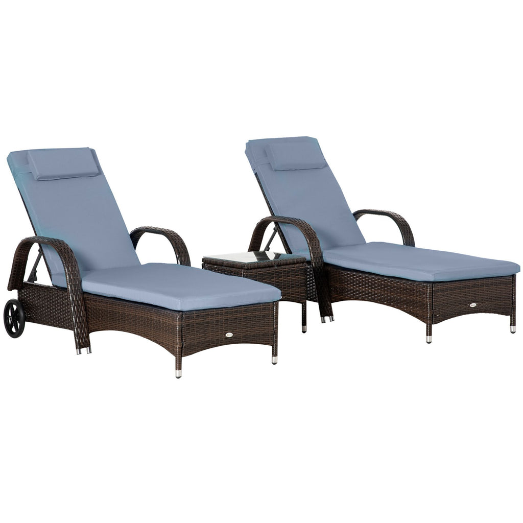 Reclining Haven: 3PC Adjustable Rattan Lounger Set with Armrests, Side Table & Wheels