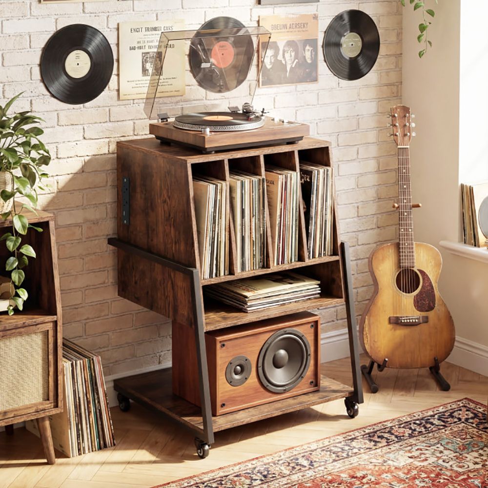 Record Player Stand on Wheels Rolling Turntable Stand with Power Outlets