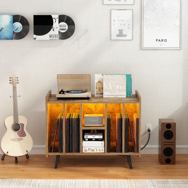 Record Player Stand, Vinyl Record Storage Cabinet ,Turntable Stand with Storage, Album Storage Cabinet with LED Light for Bedroom Living Room Office, Music room, Brown