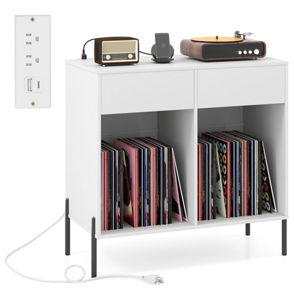 Record Player Storage Stand - Customizable Vinyl Compartments, Built-in Charging Station, Metal Legs & Floor-Protecting Pads