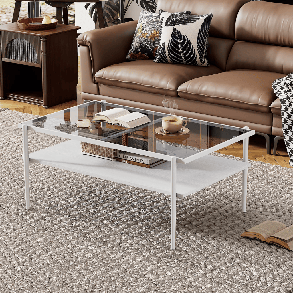 Rectangle CoffeeTablewith Tempered Glass top and White Legs, ModernTableforLiving RoomHomeOffice Studio