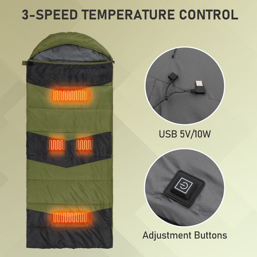 Rectangular Heated Sleeping Bag, Lightweight Sleeping Bag with Multi USB Powered Heating Pads, Waterproof Compact Envelope Sleeping Bag for Backpacking Hiking, Green