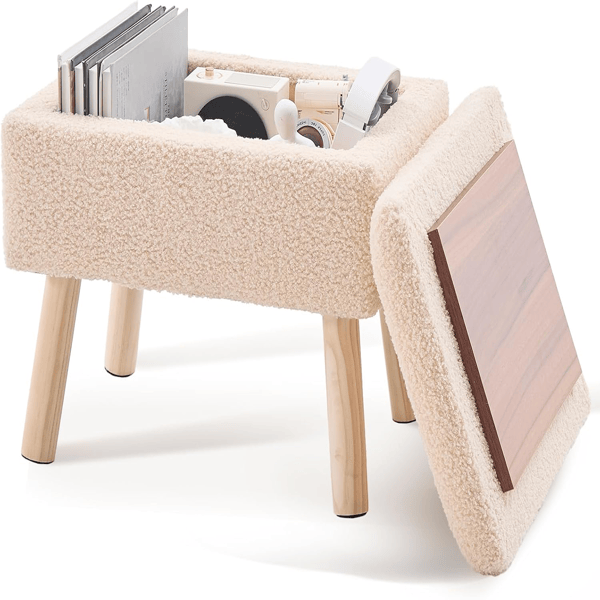 Rectangular Storage Ottoman with Teddy Fleece Upholstery, Solid Wood Legs, Foot Stool Bench for Entryway Beige