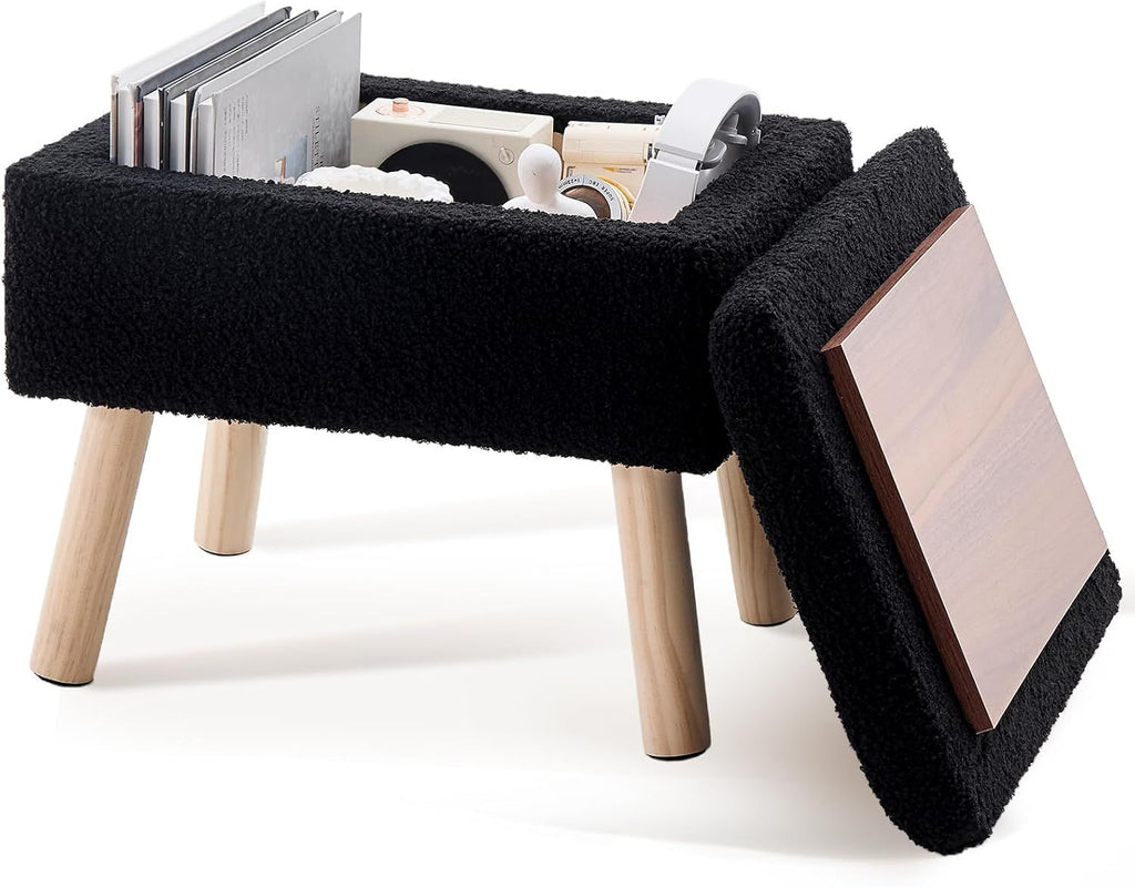 Rectangular Storage Ottoman with Teddy Fleece Upholstery, Solid Wood Legs, Foot Stool Bench for Entryway Black
