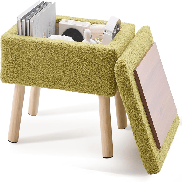Rectangular Storage Ottoman with Teddy Fleece Upholstery, Solid Wood Legs, Foot Stool Bench for Entryway Green