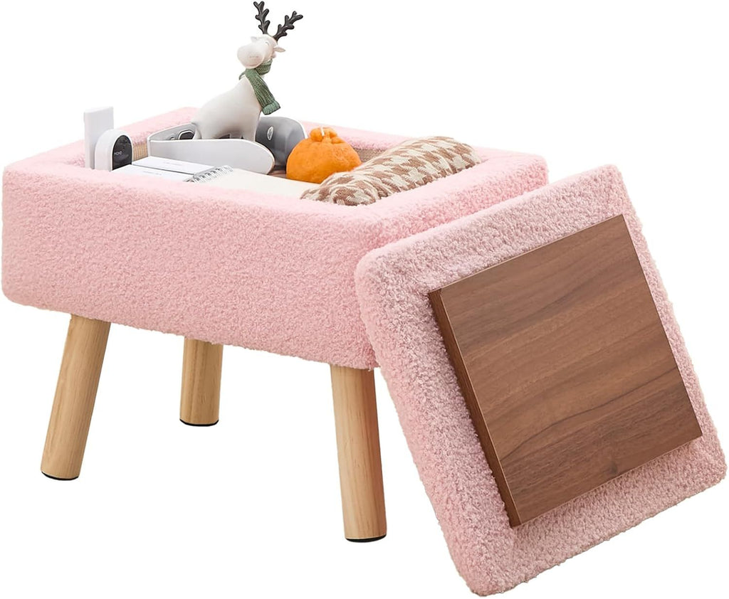 Rectangular Storage Ottoman with Teddy Fleece Upholstery, Solid Wood Legs, Foot Stool Bench for Entryway Pink