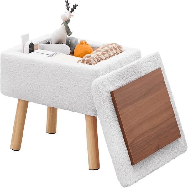 Rectangular Storage Ottoman with Teddy Fleece Upholstery, Solid Wood Legs, Foot Stool Bench for Entryway White