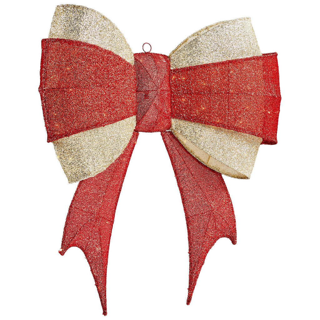 Red & Gold Cloth Christmas Bow 3ft, 200 LED Warm White Lighted Decoration, Classic Holiday Dcor, Plug-in US Plug 30V 3.6W