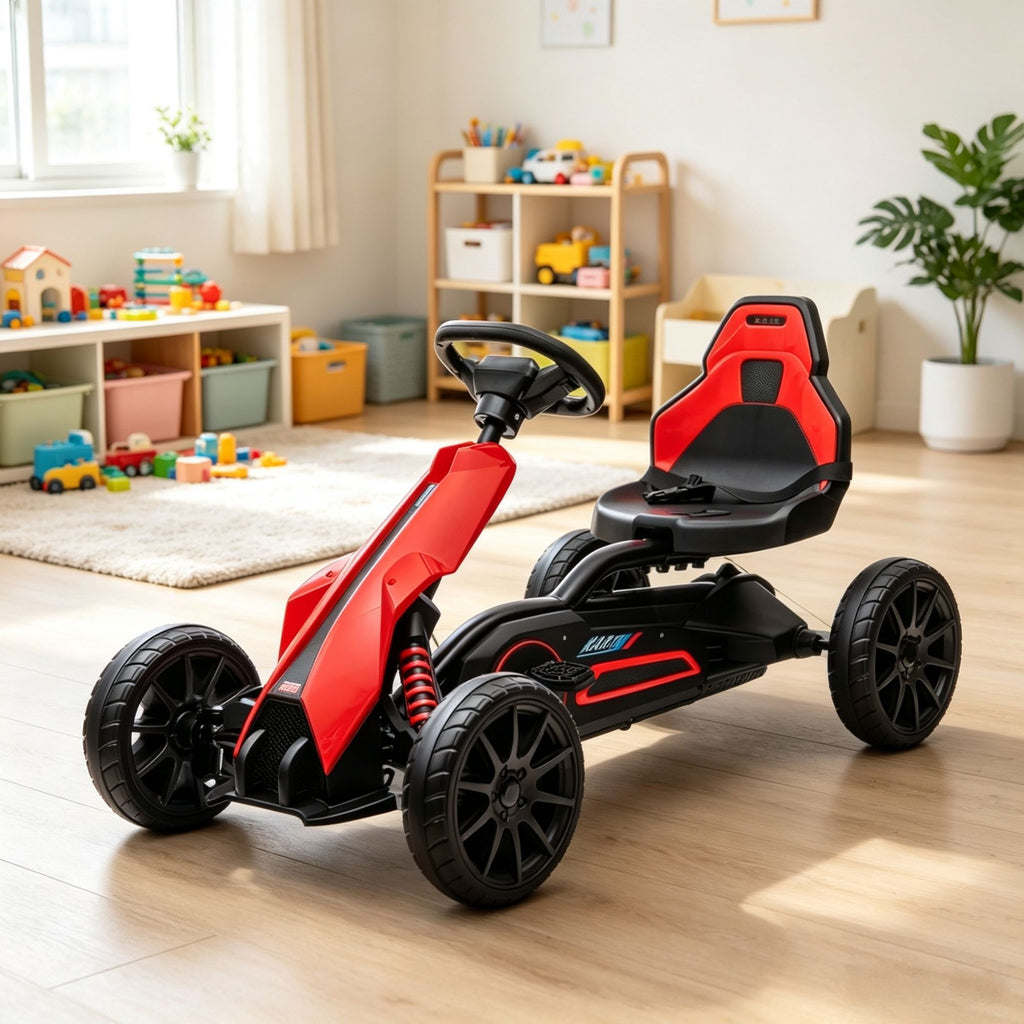 Red Kids Pedal Go Kart Adjustable Seat, Swing Axle Design, Foot-Powered Ride-On for Outdoor Play