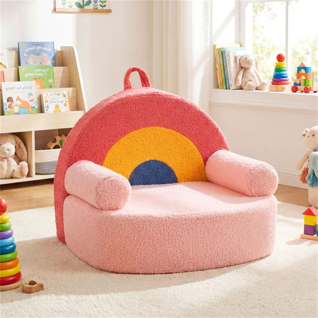 Red Kids Sofa, Soft Teddy Fleece Foam Couch with Carry Handle & Removable Machine-Washable Cover