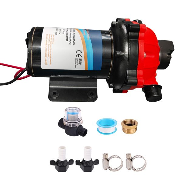 Red RV Fresh Water Pump 7GPM 70PSI, 12V DC Water Pump Five Chamber Self-Priming Diaphragm Water Pump with Heavy Duty Pressure Switch and Strainer