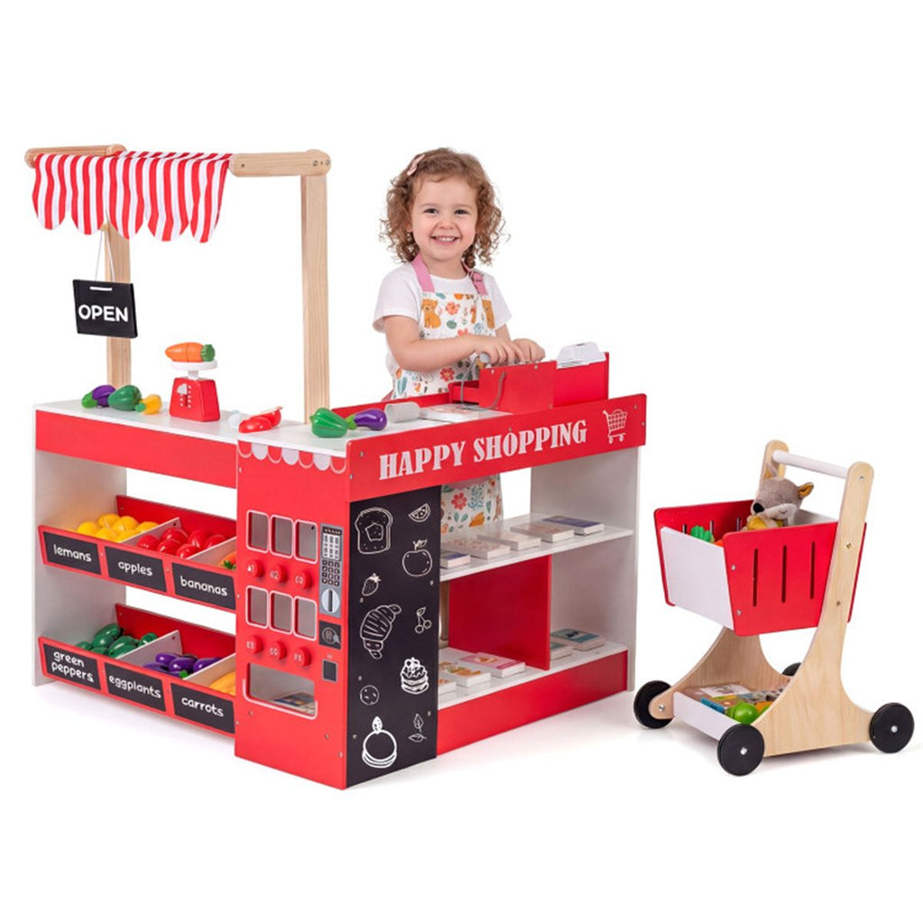 Red Wooden Kids Supermarket Playset with Vending Machine, 90.17×78.74×104.14cm Grocery Store Toy with Shopping Cart for 3+
