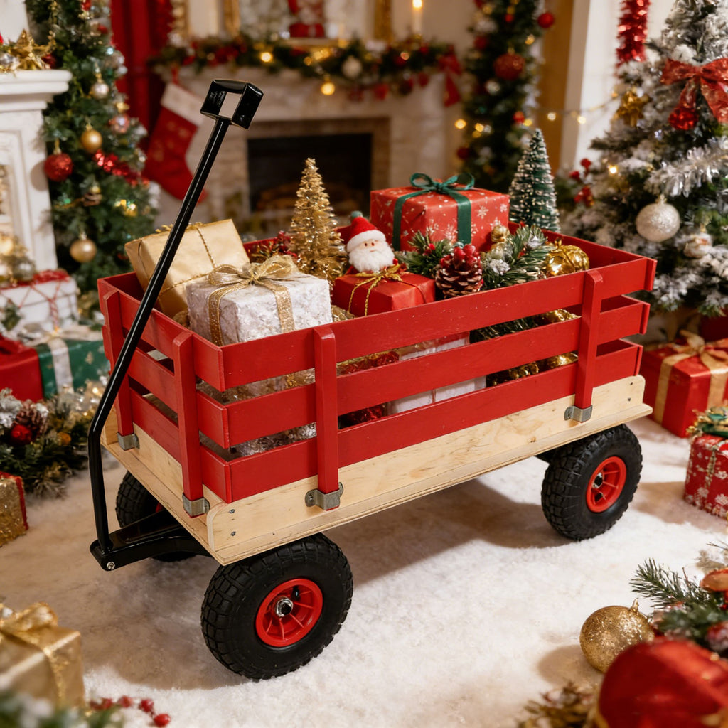 Red Wooden Wagon Cart with Folding Handle, Heavy Duty All-Terrain Kids Wagon for Outdoor, Garden, Camping, and Beach - Classic Pull-Along Utility Wagon