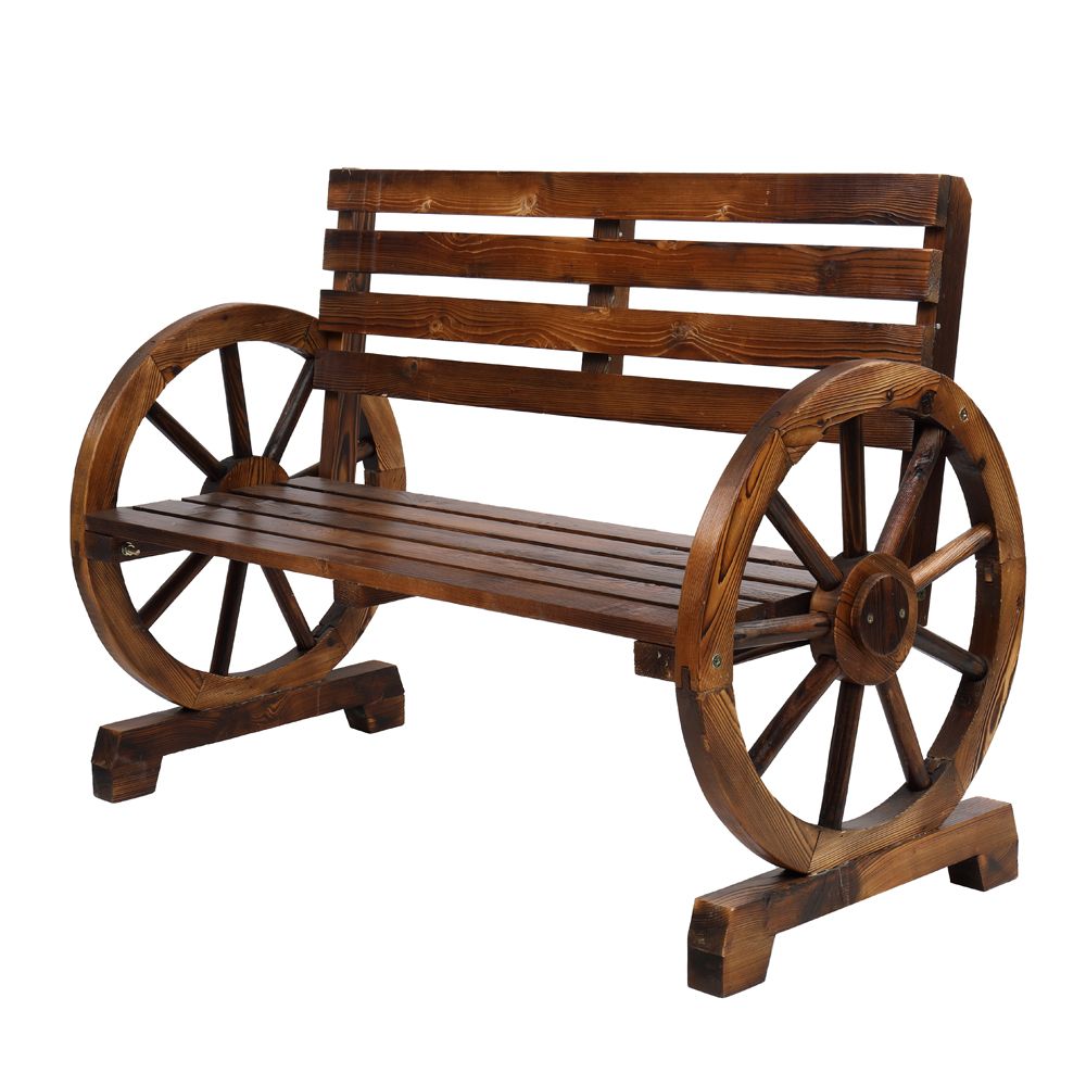 Replace 28138436&90629483Rustic 2-Person Wooden Wagon Wheel Bench with Slatted Seat and Backrest, Brown