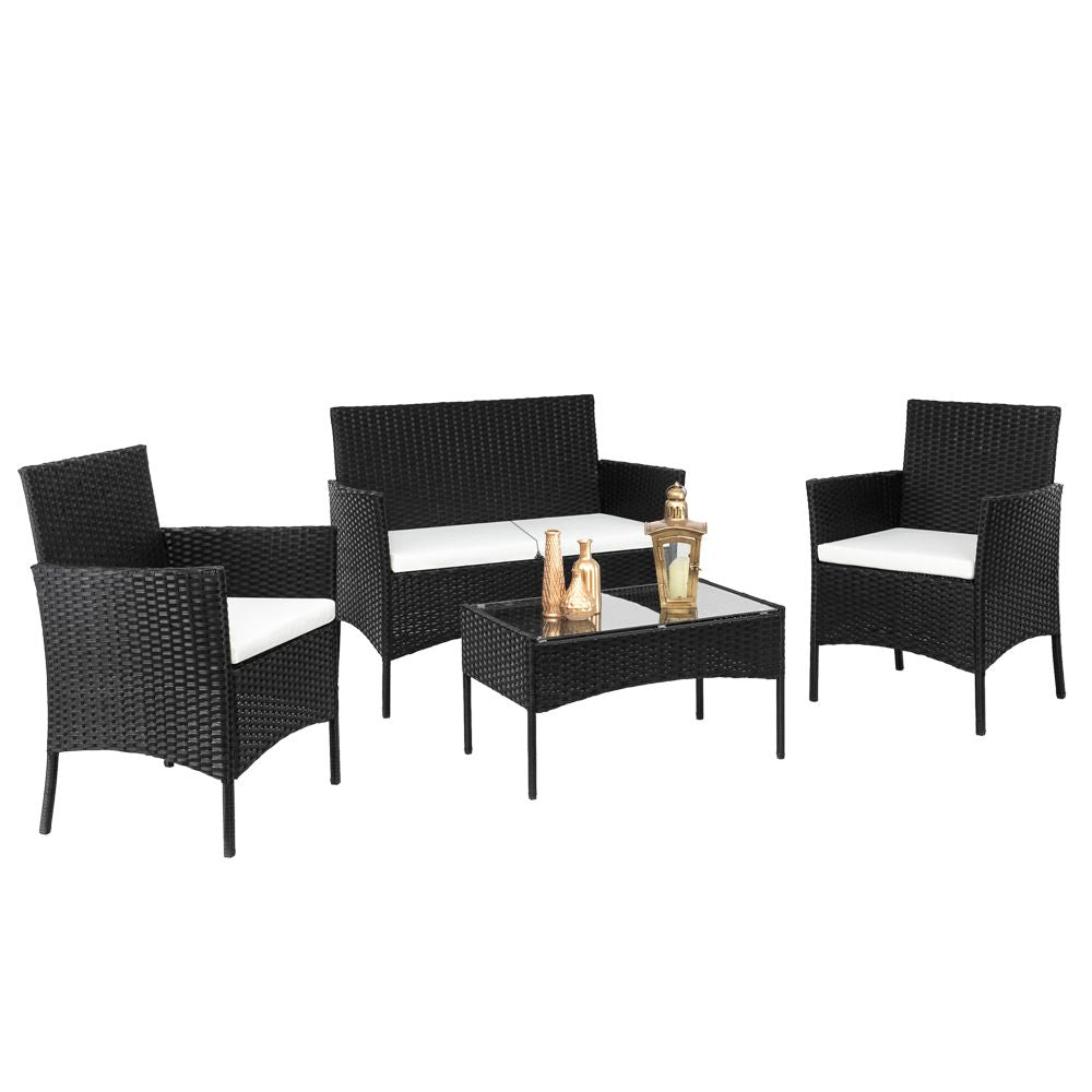 [Replace 47369505]2pcs Arm Chairs 1pc Love Seat & Tempered Glass Coffee Table Rattan Sofa Set Black