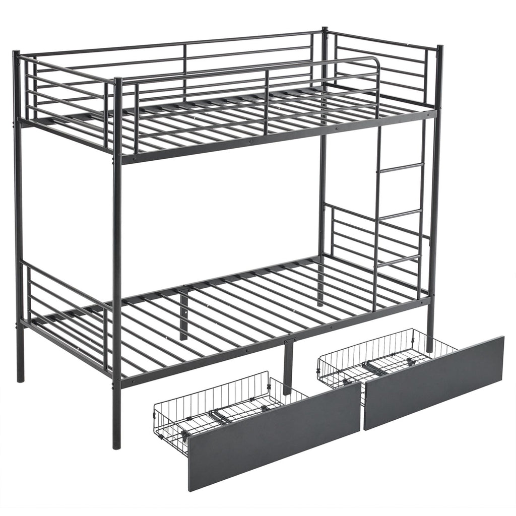 [Replace 53243394]Twin Over Twin Convertible Bunk Bed with 2 Storage Drawers, Metal Bunk Bed Can be Divided Into Two Daybeds, Black