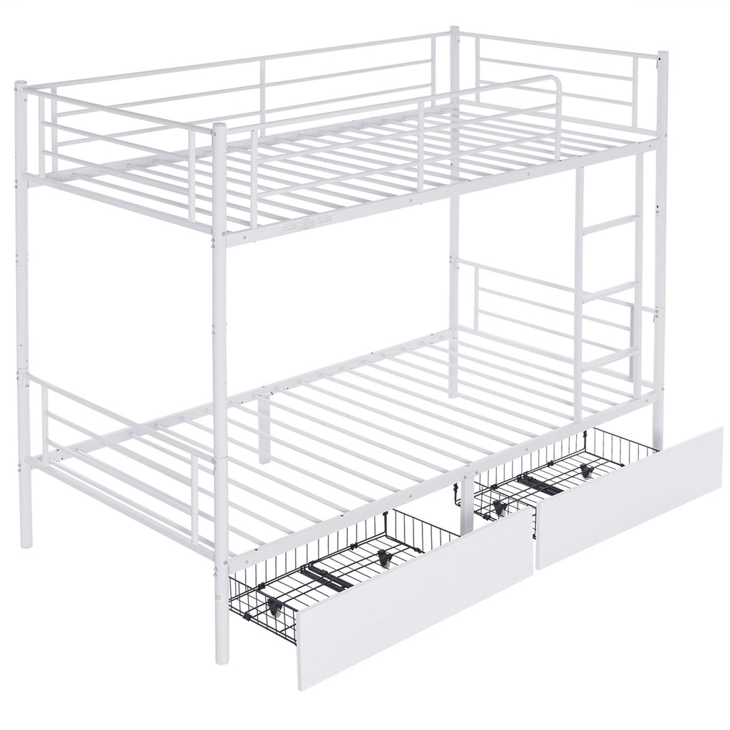 [Replace 71558202]Twin Over Twin Convertible Bunk Bed with 2 Storage Drawers, Metal Bunk Bed Can be Divided Into Two Daybeds, White