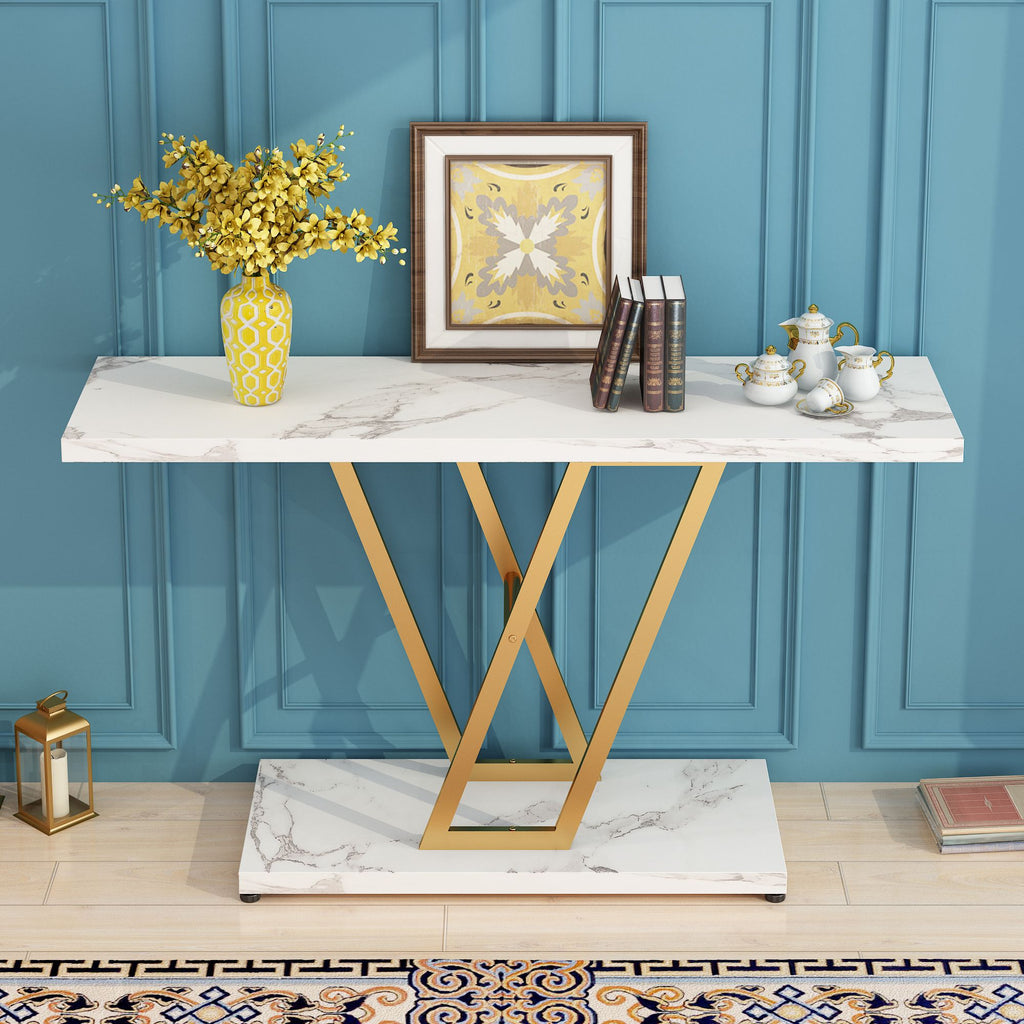 [Replace code:20066567]Console Table, Industrial Hallway Table for Entryway, 42 Inch Entryway Tables Narrow Sofa Table for Living Room, Stable Metal Frame & Easy Assemble,Gold/White Color