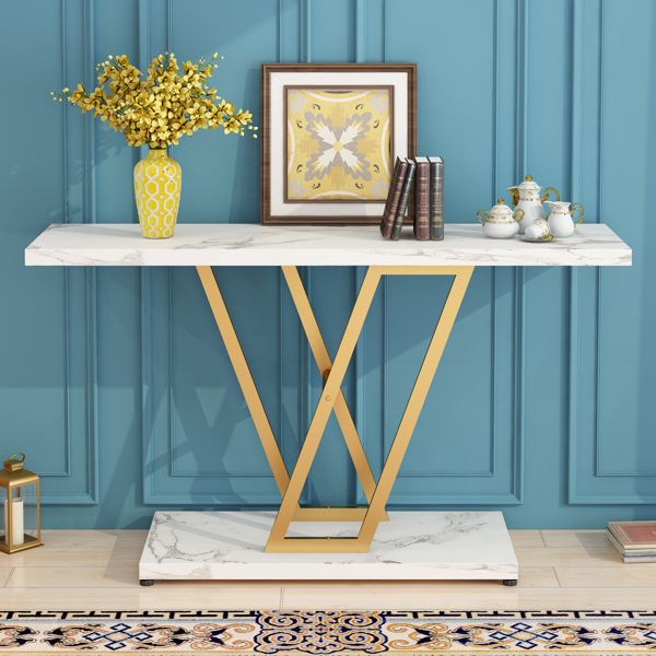[Replace code:50627609]Console Table, Industrial Hallway Table for Entryway, 42 Inch Entryway Tables Narrow Sofa Table for Living Room, Stable Metal Frame & Easy Assemble,Gold/White Color