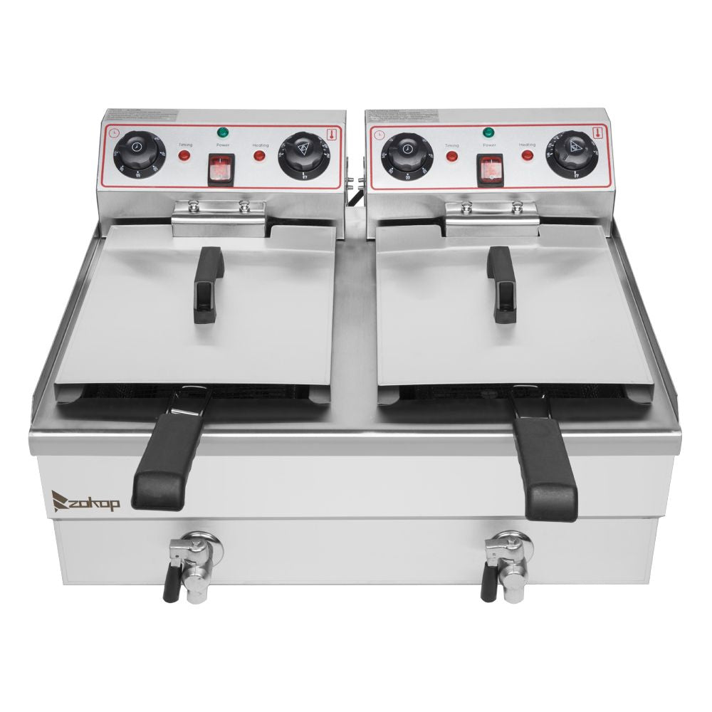 [Replace with new code 20548057]EH102V 16.9QT / 16L Total Capacity 24.9QT/23.6L Stainless Steel Faucet Double Tank Deep Fryer 3400W MAX (8L 8L Big Blue/Large Handle)