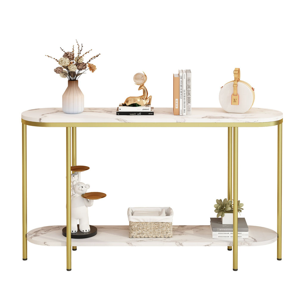 [Replacement Code: 04035320]Console Table 2 Tier Narrow Entryway Table with Storage Shelves Faux Marble Narrow Table for Living Bedroom Hallway Office Easy Assembly, Gold & White