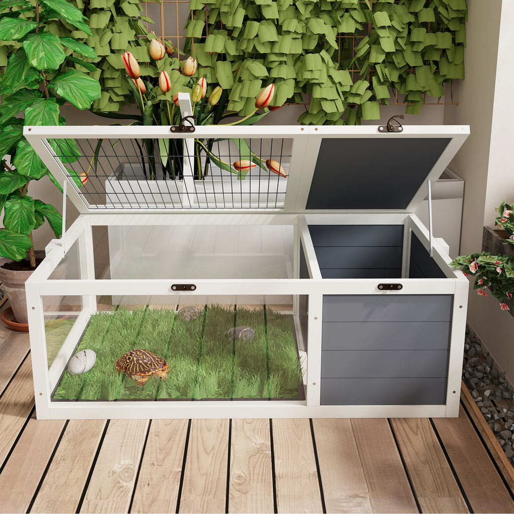 Reptile Habitat Tortoise House with Lamp Holder, 3 Acrylic Observation Windows, 2 Waterproof Trays, Lockable Top, Easy to Clean Wooden Enclosure for Turtles, Lizards, Snakes, and Small Pets
