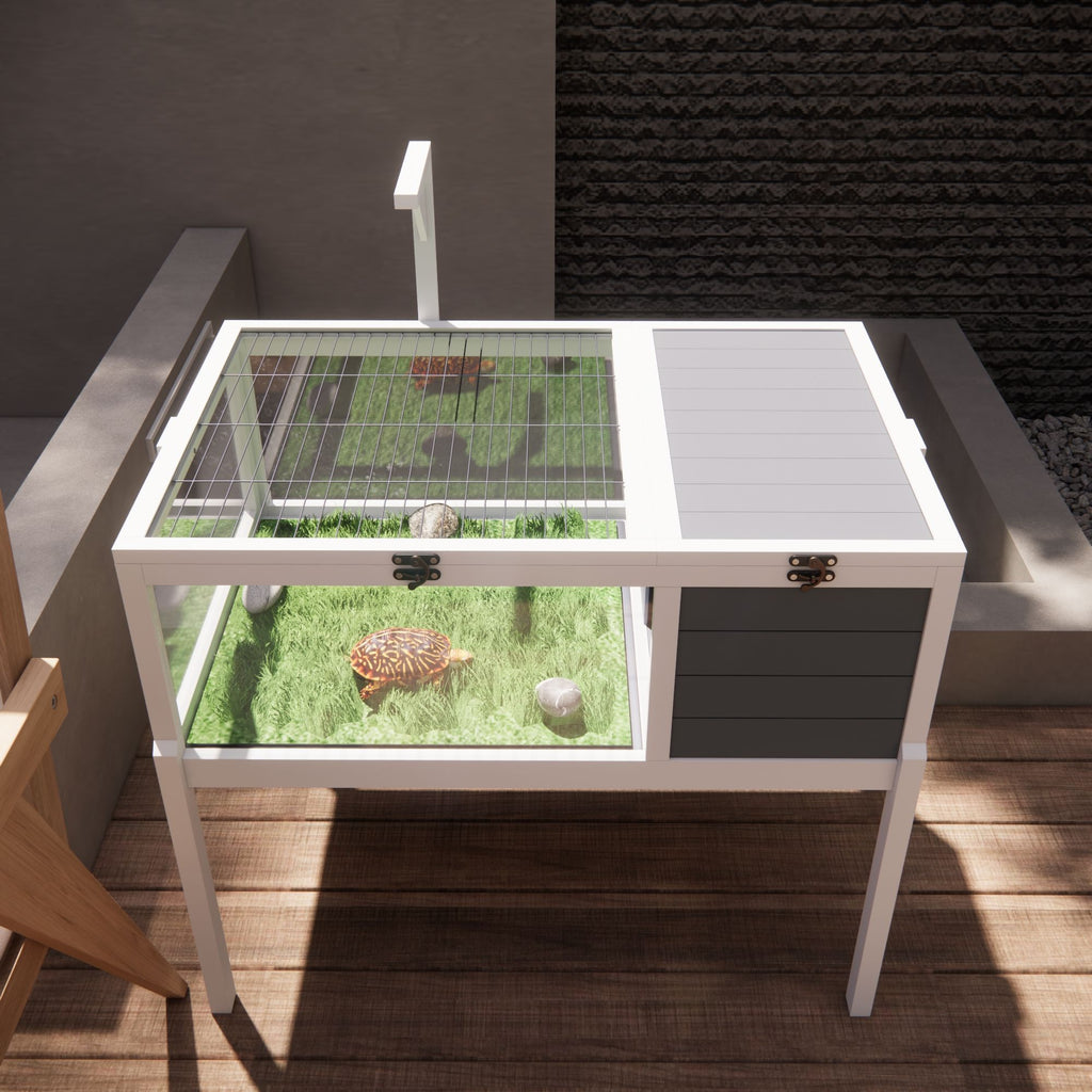 Reptile Habitat Tortoise House with Lamp Holder, Large Observation Window, Waterproof Tray, Detachable Legs, Easy to Clean Wooden Enclosure for Turtles, Lizards, Geckos, and Small Pets Indoor Outdoor