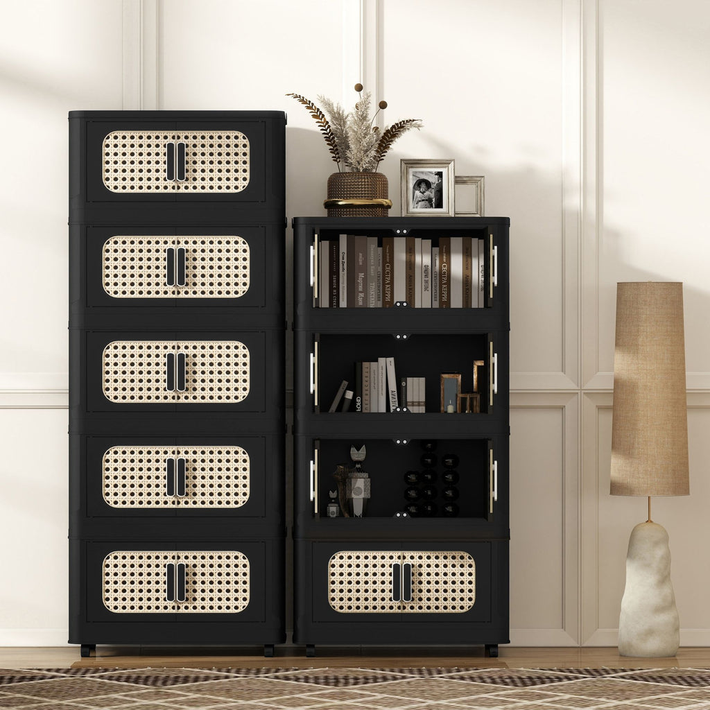 Retro Black, 20" Side Wide Folding Storage Cabinet ,4 Tiers,19.69"×11.81"×40.55",Collapsible Storage Bins with Magnetic Door, Plastic Storage Cabinet with Wheels