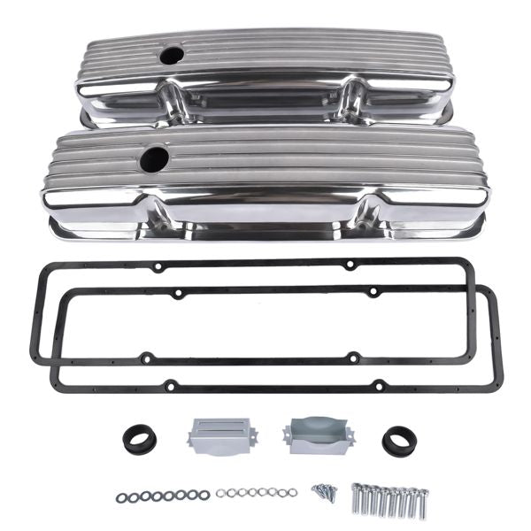Retro Finned Polished Aluminum Short Valve Covers Fits 1958-1986 SBC Chevy 350 400