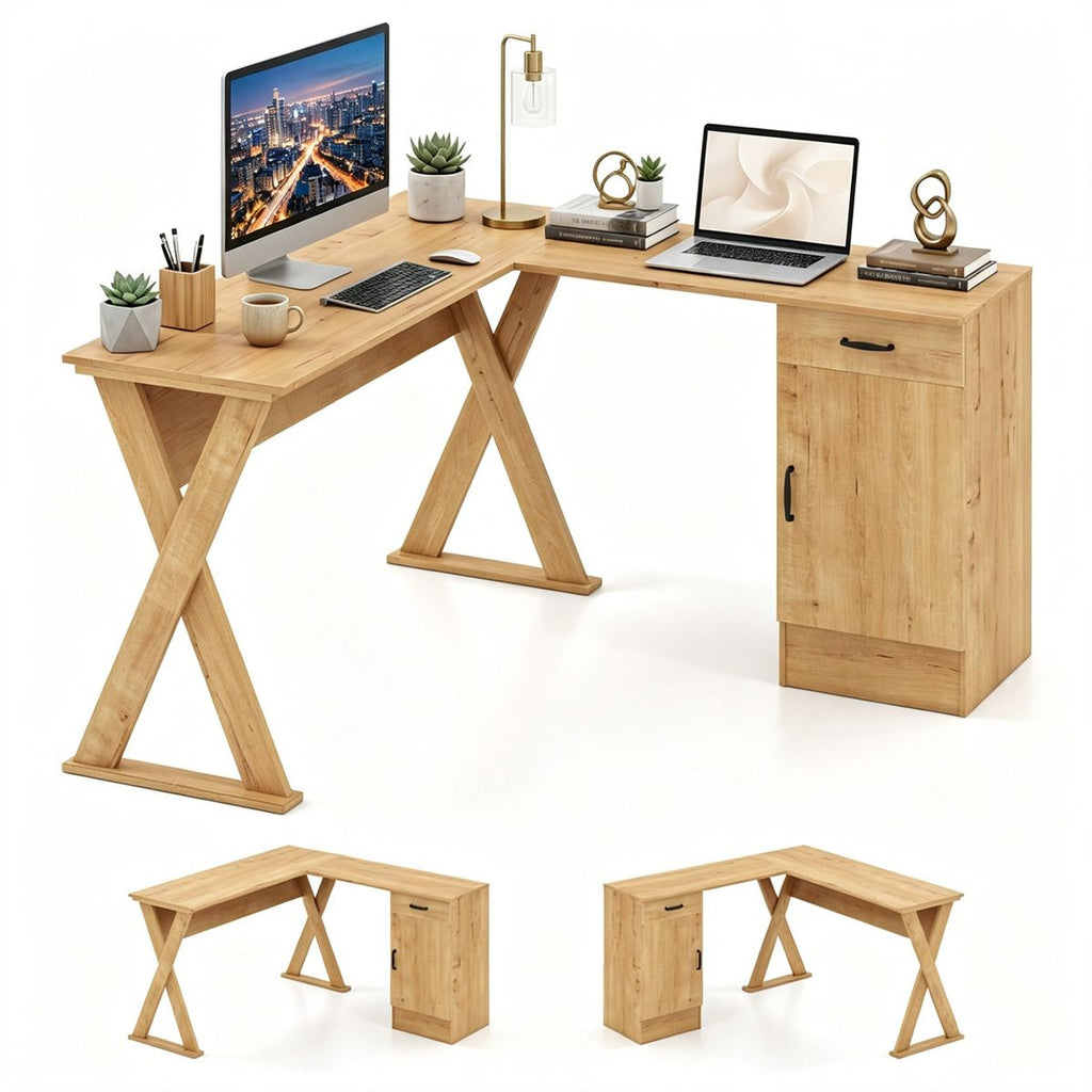 Reversible L-Shaped Computer Desk, Oak Finish Corner Writing Desk with Drawer & Storage Cabinet, X-Shaped Reinforced Frame Home Office Gaming Workstation