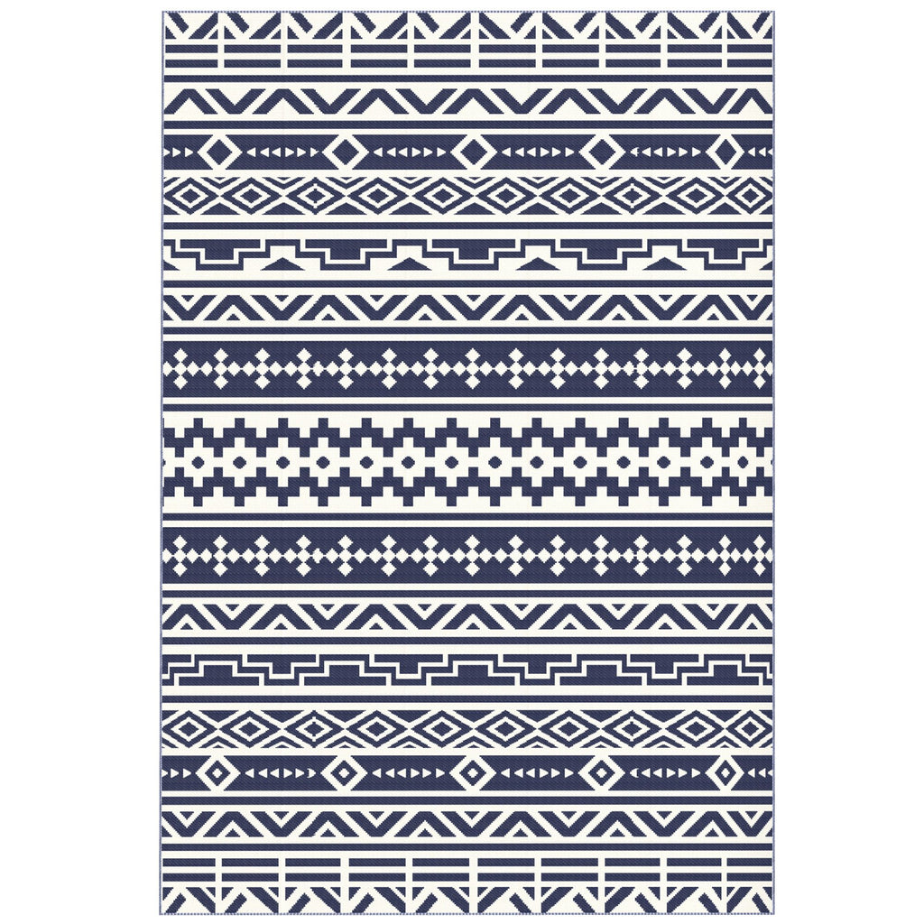 Reversible Outdoor Rug, Waterproof Plastic Straw with Carry Bag, 6' x 9', Blue & White Geometric