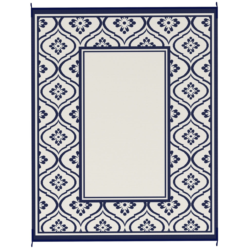 Reversible Outdoor Rug, Waterproof Plastic Straw with Carry Bag, 8' x 10', Blue & White Gourd Border