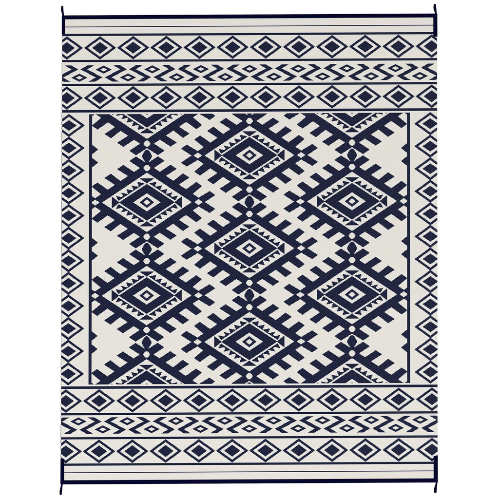 Reversible Outdoor Rug, Waterproof Plastic Straw with Carry Bag, 8' x 10', Blue & White Rhombus Border