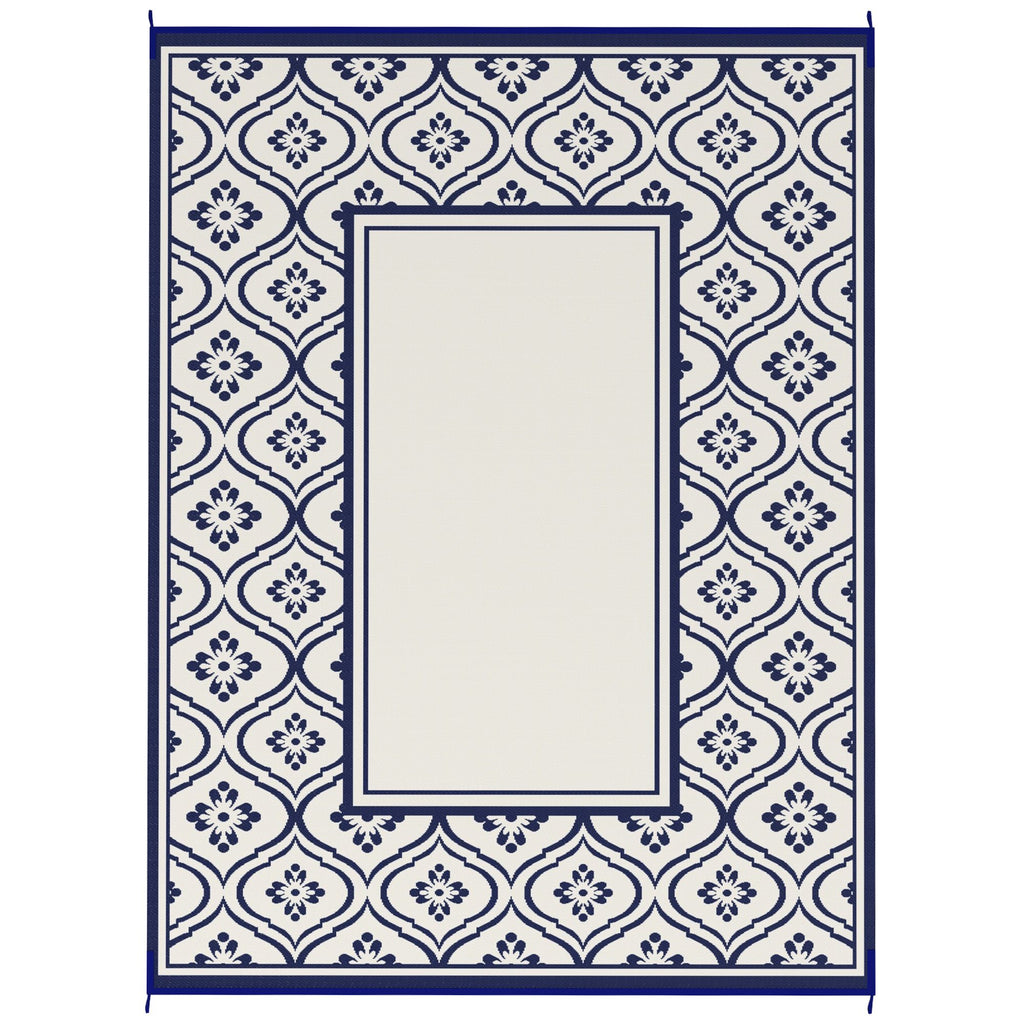 Reversible Outdoor Rug, Waterproof Plastic Straw with Carry Bag, 9' x 12', Blue & White Gourd Border