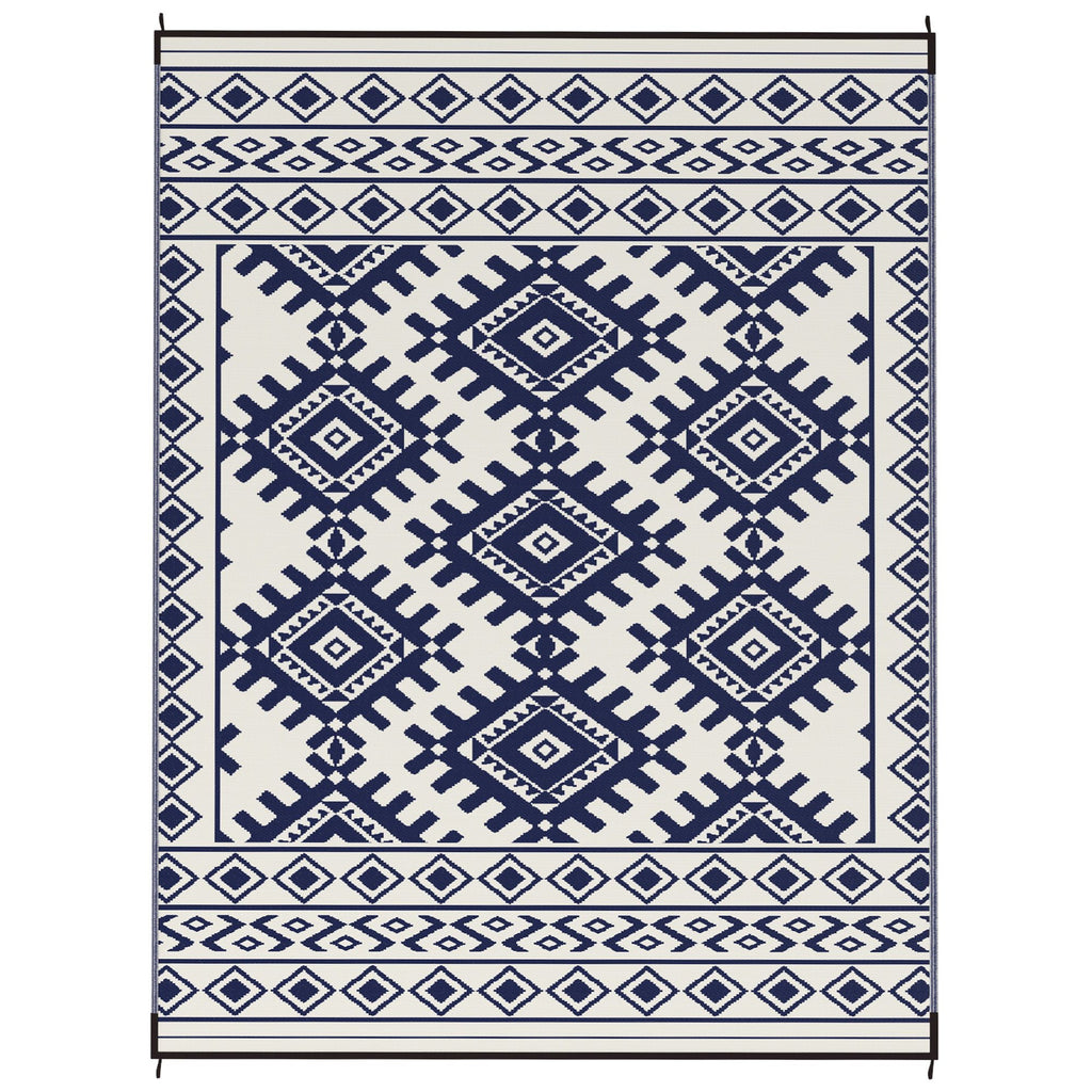 Reversible Outdoor Rug, Waterproof Plastic Straw with Carry Bag, 9' x 12', Blue & White Rhombus Border