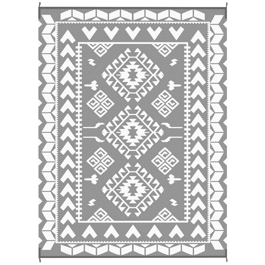 Reversible Outdoor Rug, Waterproof Plastic Straw with Carry Bag, 9' x 12', Gray & White Rhombus Patchwork