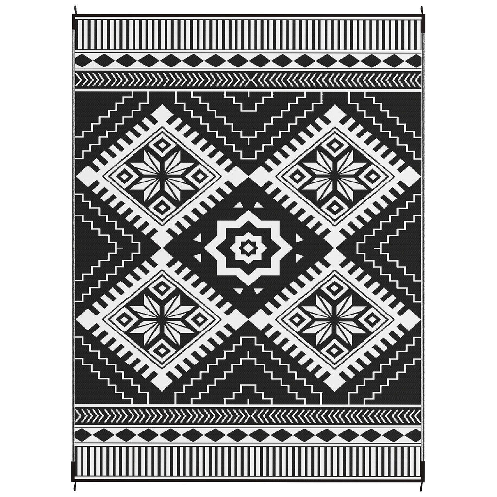 Reversible Outdoor Rug, Waterproof Plastic Straw with Carry Bag, 9' x 12', White & Black Toothed Rhombus