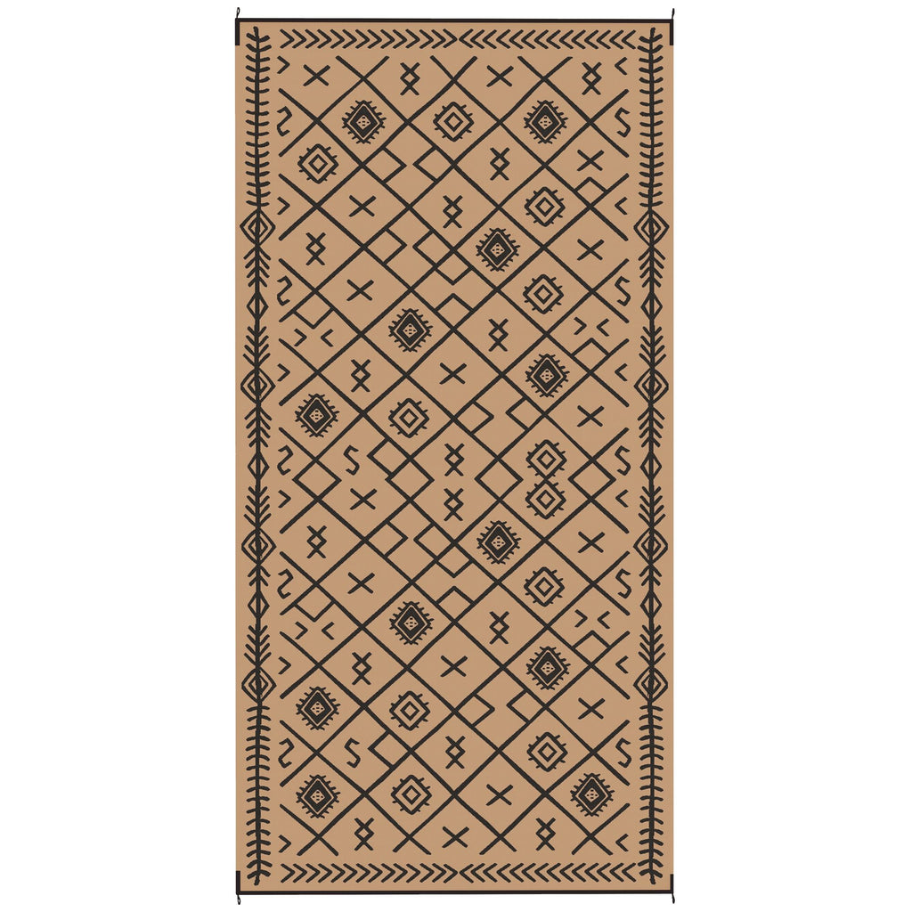 Reversible Outdoor Rug, Waterproof Plastic Straw with Carry Bag, 9' x 18', Black & Brown Rhombus