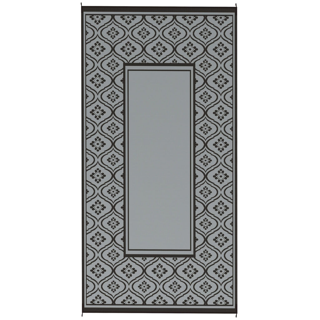 Reversible Outdoor Rug, Waterproof Plastic Straw with Carry Bag, 9' x 18', Black & Gray Gourd Border
