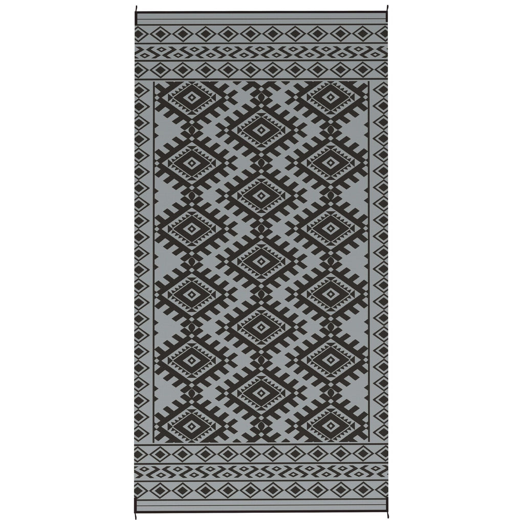 Reversible Outdoor Rug, Waterproof Plastic Straw with Carry Bag, 9' x 18', Black & Gray Rhombus Border