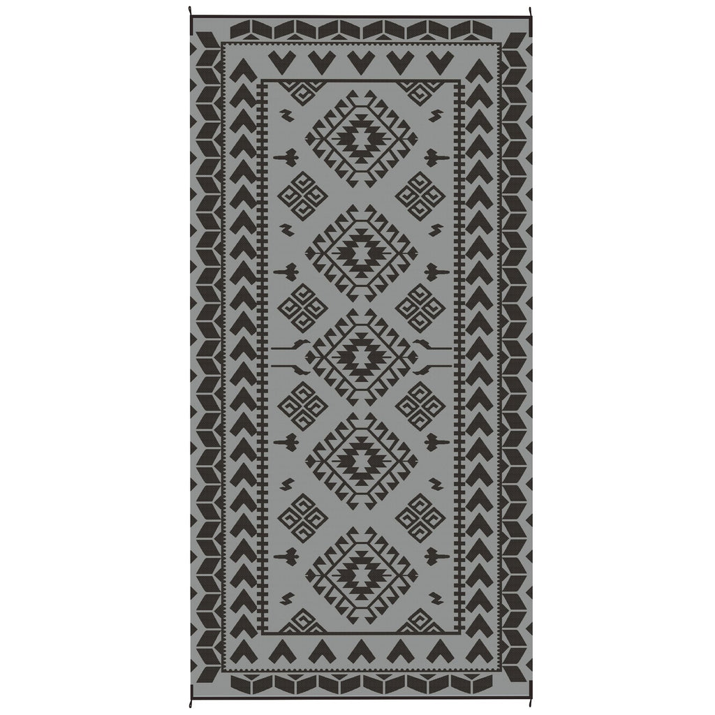 Reversible Outdoor Rug, Waterproof Plastic Straw with Carry Bag, 9' x 18', Black & Gray Rhombus Patchwork