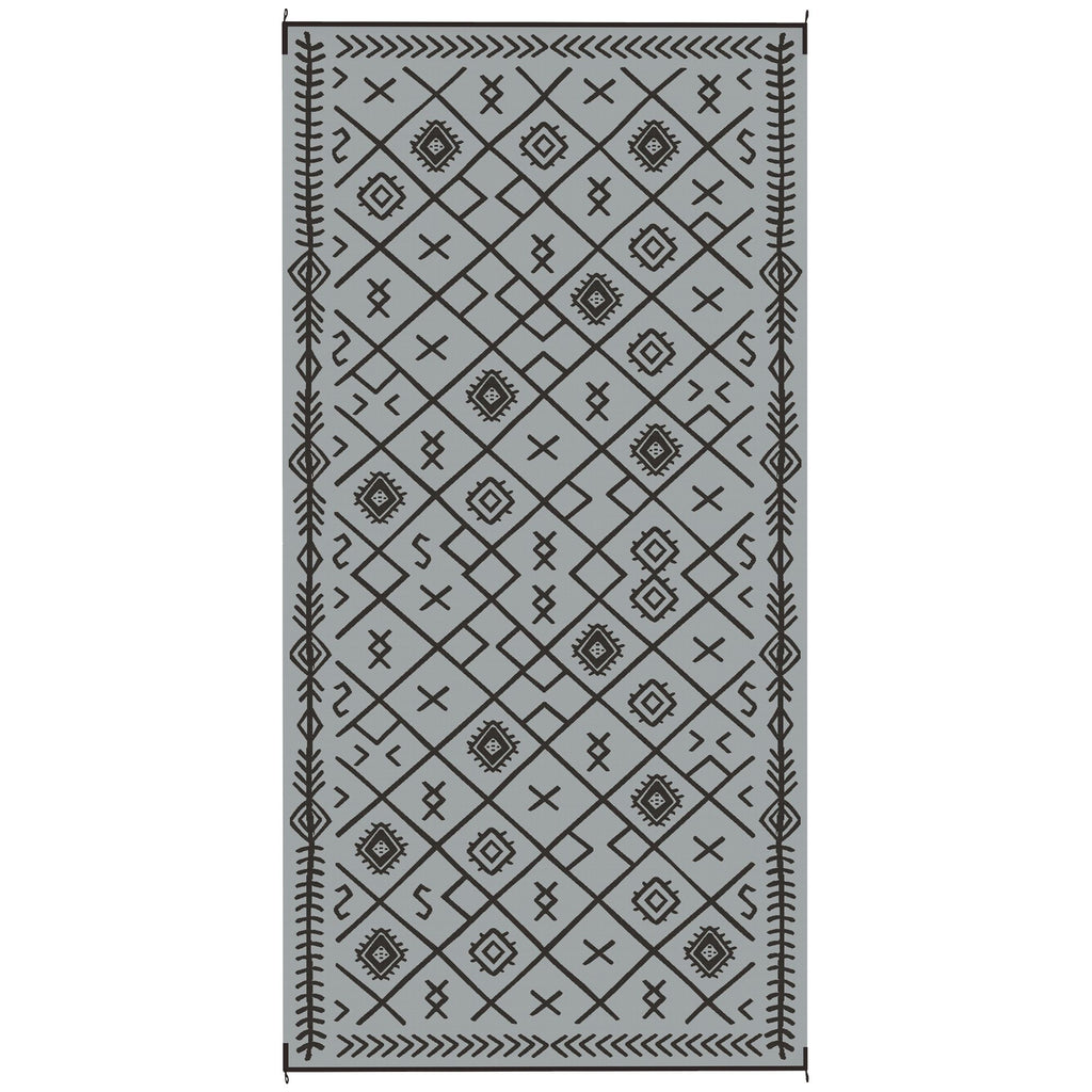 Reversible Outdoor Rug, Waterproof Plastic Straw with Carry Bag, 9' x 18', Black & Gray Rhombus