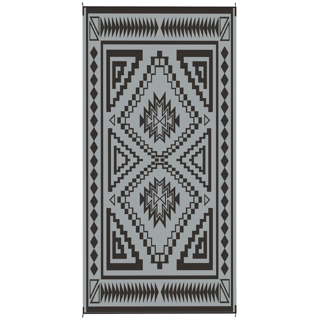 Reversible Outdoor Rug, Waterproof Plastic Straw with Carry Bag, 9' x 18', Black & Gray Square Patchwork